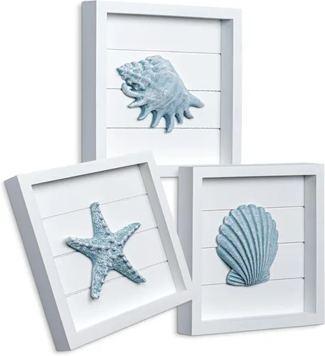 TideAndTales - Arte de pared 3D costero con diseño de conchas y estrellas de mar azules (juego de 3), decoración de pared de playa para baño o