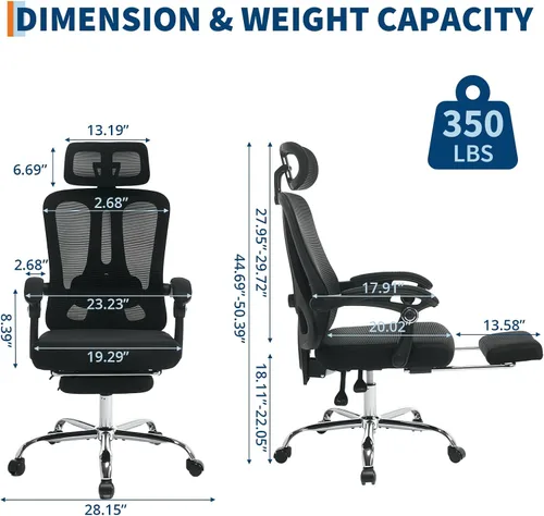 Miniatura 2 de GarveeHome Silla de oficina ergonómica de respaldo alto con respaldo de malla, reposapiés retráctil, reposacabezas ajustable y soporte lumbar, silla
