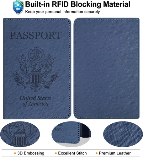 Miniatura 5 de RSAquar Soporte para pasaporte para mujeres y hombres, de piel sintética de alta calidad, cartera de pasaporte de viaje, con bloqueo RFID, cubierta