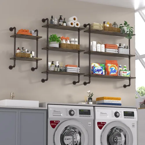 Miniatura 7 de Helsin - Estantes flotantes de tubería industrial de 2 niveles para baño, estante de madera rústica de 16 pulgadas montado en la pared, estante