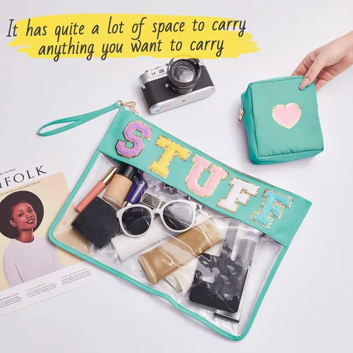 Miniatura 5 de Bolsa con letras de chenilla para viajes, A-Verde menta, Bolsa de maquillaje transparente a