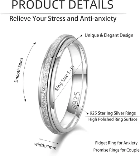 Miniatura 6 de LOFITOR Anillo de plata de ley 925 para mujer, anillo de ansiedad de 0.157 in, anillo giratorio de plata para el pulgar para hombres, alivio