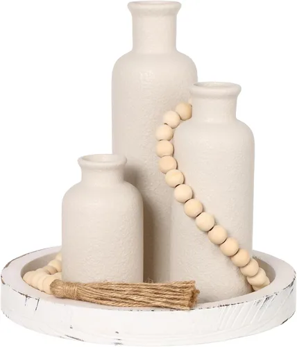 Miniatura 17 de Juego de 5 piezas de centros de mesa rústicos de mesa, juego de 3 jarrones de cerámica boho con bandeja de madera para servir cuentas de madera