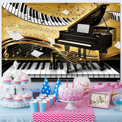 Miniatura 6 de Telón de fondo con tema de piano de 7 x 5 pies, notas musicales doradas, fondo de foto, tema musical, decoración de fiesta de cumpleaños, pancarta