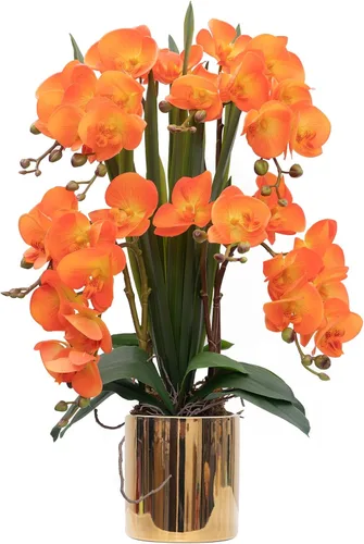 Miniatura 22 de CXGS Planta de orquídeas artificiales de tacto real, orquídeas falsas en jarrón de cerámica, naranja, 19.7 pulgadas, arreglo floral falso