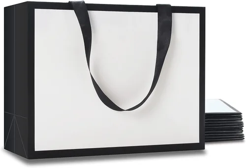 Miniatura 10 de Bolsas de regalo blancas y negras de tamaño mediano, 10 unidades de 8 x 4.25 x 10.5 pulgadas, papel kraft biodegradable, asas de cinta, perfectas