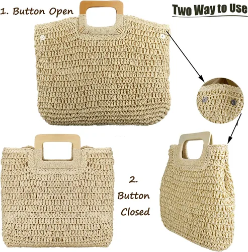Miniatura 4 de Bolsa de mano para mujer, hecha de paja tejida a mano, grande, informal, con bolsillos con forro para uso diario, viajes, ir a la playa, etc.
