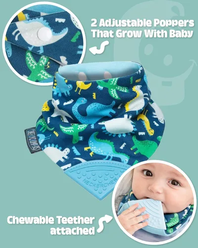 Miniatura 2 de Cheeky Chompers Neckerchew babero de dentición, babero estilo bandana 2 en 1 con mordedor de silicona de grado alimenticio Baby Dino