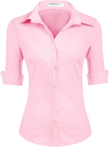 Miniatura 14 de HOTOUCH Camisa de manga 3/4 con botones para mujer, blusas de trabajo ajustadas, camisas de vestir de algodón, camisas de oficina