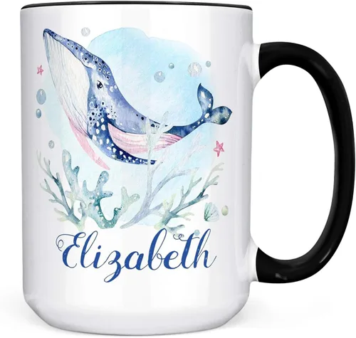 Taza de café náutica personalizada de ballena | Añadir nombre personalizado a la taza de cerámica | Apto para microondas y lavavajillas, regalo de