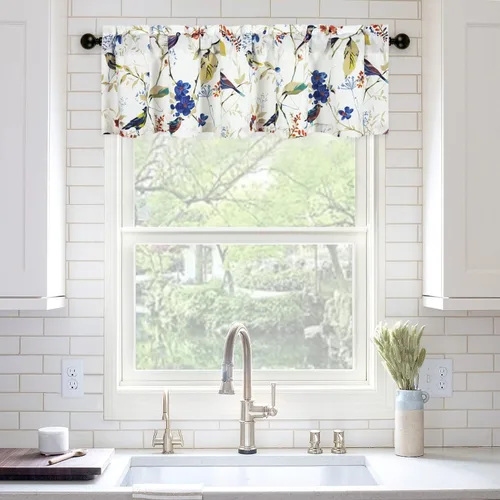 Miniatura 22 de VOGOL Cenefa de pájaro y bayas, decoración clásica de ventana de campo americano con estampado botánico, cortina de bolsillo para barra fácil