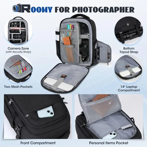 Miniatura 2 de RAINSMORE Mochila para cámara para fotógrafos DSLR SLR SLR sin espejo con cubierta impermeable para lluvia y compartimento para laptop, se adapta a