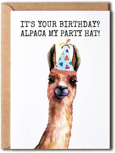 OystersPearl It's Your Birthday Alpaca My Party Hat - Tarjeta de cumpleaños - Tarjeta de alpaca - Tarjeta de felicitación - Tarjeta divertida de