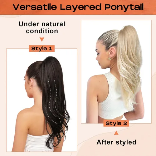 Miniatura 2 de SEIKEA Extensión de cola de caballo versátil con cordón, 26" de largo, cabello ondulado multicapa, clip para cola de caballo, extensiones de pelo