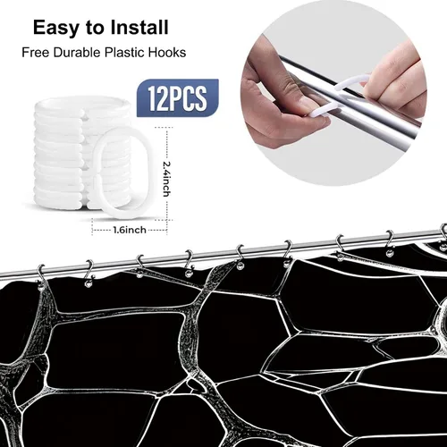Miniatura 5 de Abstract Black White Geometric Bathroom Shower Curtain 60W by 71H Inch Modern Contemporary Neutral Minimalist Simple Polyester Fabric 12 Plastic