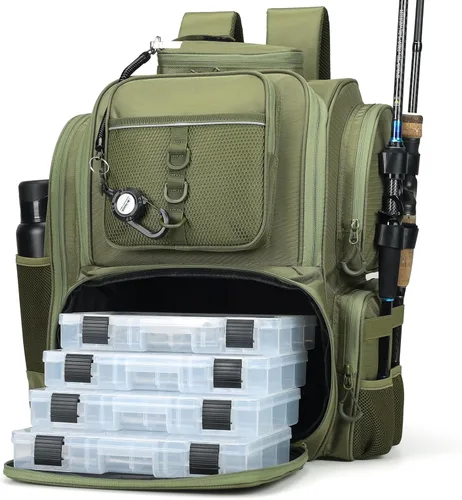 Miniatura 13 de WANOON - Mochila para pesca, bolsa de pesca con soportes para cañas. Mochila de aparejos grande con materiales resistentes Negro