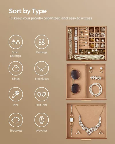 Miniatura 3 de SONGMICS Joyero organizador con tapa de cristal, almacenamiento de joyas de 3 capas, con 2 cajones, estilo moderno, regalo de Navidad, 8 x 9.1 x 5.3