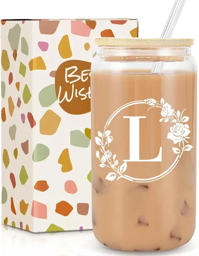 Miniatura 12 de Regalos de cumpleaños para mujeres, taza de vidrio personalizada con monograma de iniciales para mujeres, tazas de vidrio de 16oz con tapas