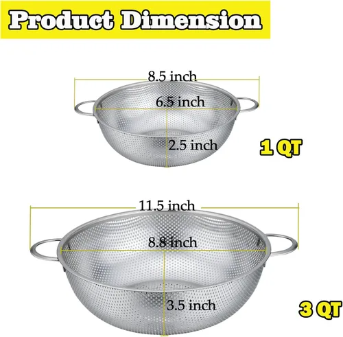 Miniatura 3 de P&P CHEF Colador de acero inoxidable, colador de alimentos microperforado con asa para lavar y drenar, ideal para pasta, frutas, verduras, apto