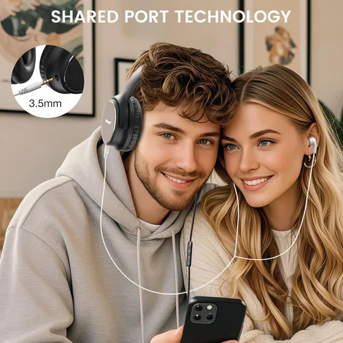 Miniatura 7 de Auriculares con cable USB C sobre la oreja con micrófono, control de volumen, puerto compartido y diadema ajustable, auriculares estéreo plegables