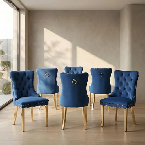 Miniatura 24 de Juego de 2 sillas de comedor de terciopelo, sillas de comedor copetudas de mediados de siglo con anillo trasero de cabeza de clavo, patas de metal