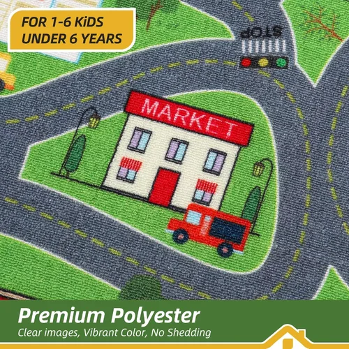 Miniatura 6 de BEQHAUSE Alfombra de juego para niños, alfombra de tráfico de ciudad verde, ideal para jugar con autos, alfombra de área de juegos de 32 x 60
