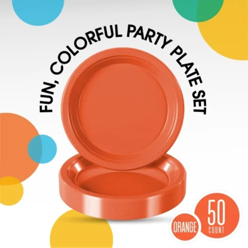 Miniatura 2 de Exquisite Party Solids - Platos de plástico naranja para suministros de fiesta, platos desechables de 9 pulgadas, resistentes, 50 piezas, juego