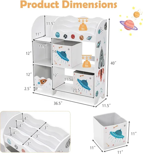 Miniatura 3 de Costzon Organizador de juguetes y libros para niños, estantería de almacenamiento de madera con 5 estantes abiertos, 2 cajas de almacenamiento y 3