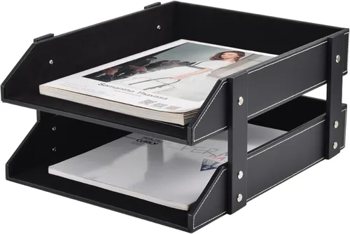 Organizador de escritorio de cuero, soporte apilable de 2 niveles, suministros de oficina, caja de almacenamiento de escritorio para documentos,