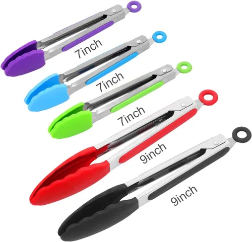 ForTomorrow - Pinzas de cocina con puntas de silicona, juego de 5, pinzas de silicona de alta calidad de 7 y 9 pulgadas para cocinar resistente al