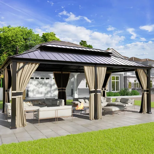 Miniatura 11 de UDPATIO Gazebo de techo rígido de 10 x 10 pies, glorieta de metal para exteriores con techo de acero galvanizado, pabellón permanente con malla