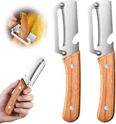 Pelador de verduras multifuncional para cocina, pelador de acero inoxidable 2026 con mango de madera y abridor de botellas de acero inoxidable, 2