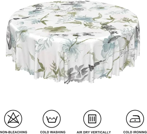 Miniatura 6 de Mantel redondo floral rústico de 48 pulgadas, con estampado botánico de flores en acuarela verde, azul y gris, a prueba de derrames y aceite, tela