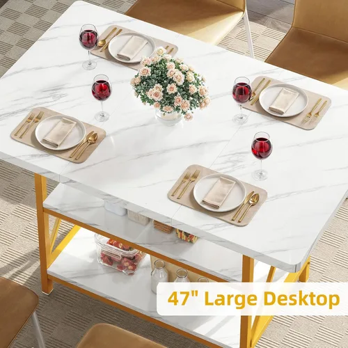 Miniatura 3 de DWVO Mesa de comedor rectangular de 47 pulgadas para 4 personas, mesa de cocina moderna de mármol blanco con estante de almacenamiento y patas