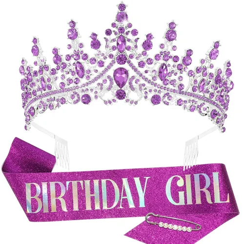 Miniatura 13 de TOBATOBA Banda de Cumpleaños Coronas de Cumpleaños para Mujeres Niñas, Decoraciones de Cumpleaños para Mujeres, Metal Diamante falso Cristal