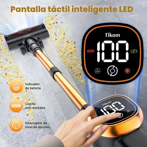 Miniatura 3 de Tikom V500 - Aspiradora inalámbrica para el hogar, aspiradora de 40000 Pa/450 W con pantalla táctil LED, base de pared de carga, antienredos