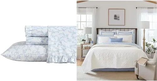 Miniatura 4 de Laura Ashley - Paquete de ropa de cama Twin, edredón reversible con funda a juego y juego de sábanas de percal de algodón, bolsillo profundo