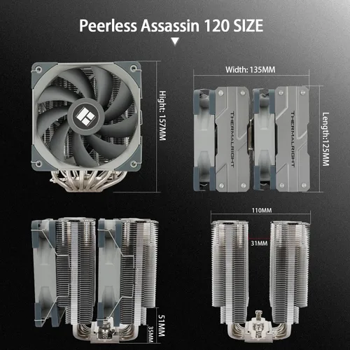 Miniatura 5 de Thermalright Peerless Assassin 120 - Enfriador de aire para CPU, 6 tubos de calor, ventiladores PWM duales de 4.724 in, 1550 rpm ± 10%, radiador