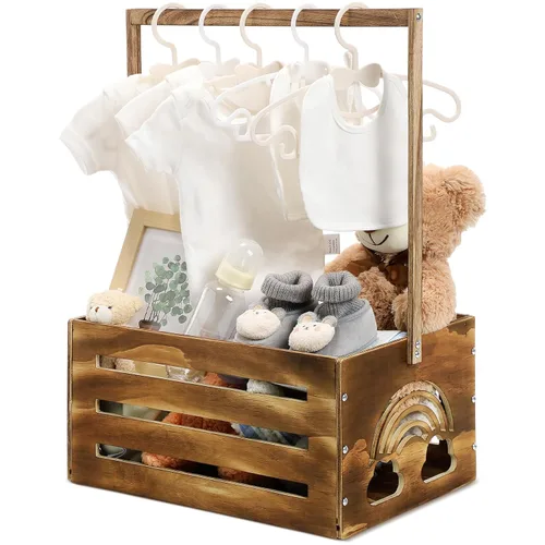 Yerliker Cesto de madera para baby shower, con asa, cesta de almacenamiento personalizada para niños recién nacidos, regalos de embarazo (nogal