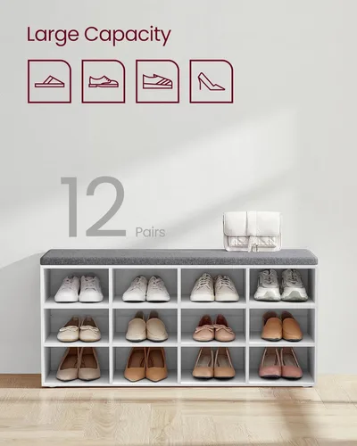 Miniatura 6 de VASAGLE CUSTOS Collection - Banco de zapatos, banco de almacenamiento con asiento acolchado, banco de entrada con 12 compartimentos, para Blanco +