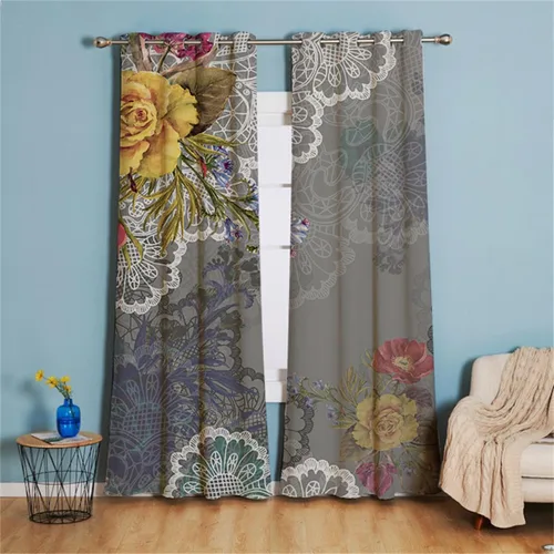 Miniatura 10 de Koudi Cortinas opacas con diseño de pájaros y flores, cortinas de oscurecimiento con ojales, paneles de cortina con aislamiento térmico