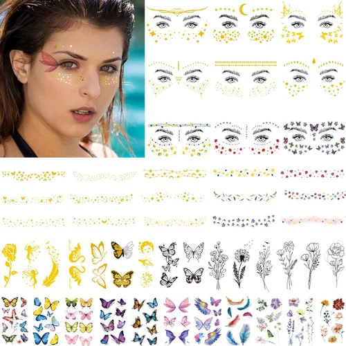 Miniatura 5 de JEEFONNA 60 hojas de tatuajes temporales para la cara, tatuajes falsos metálicos para mujeres, hombres, niños, impermeables, festivales, cosplay