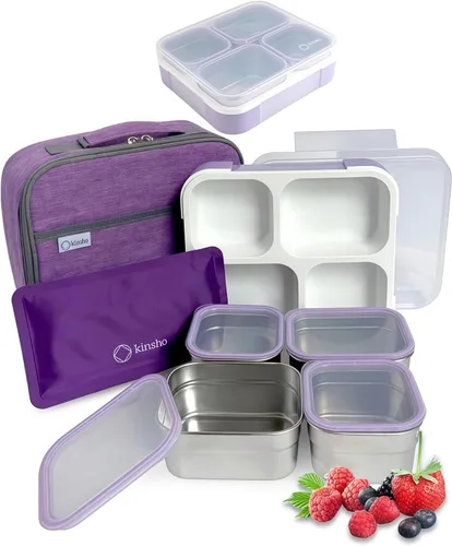 Miniatura 9 de Juego de Lonchera Bento de Acero Inoxidable para Adultos, Niños - Bolsa Aislante y Paquete de Hielo - Compartimento de Metal a Prueba de Fugas