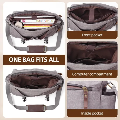 Miniatura 4 de Bolsa de mensajero para hombre, bolsa para laptop, unisex, bolsa de lona retro, 14-15.6 pulgadas, casual, bolsa de hombro individual para trabajo