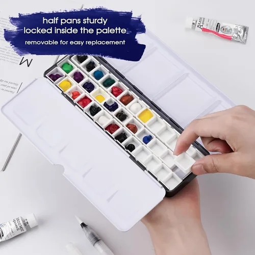 Miniatura 4 de PEVART Paleta de pintura de acuarela vacía, caja de metal con 37 medias bandejas de color de agua y paleta plegable, bandeja de pintura de estaño