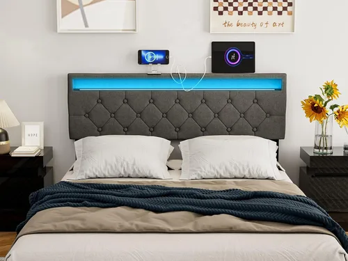 Miniatura 3 de IKIFLY Cabecera tapizada de tamaño matrimonial con luces LED y 2 puertos USB, altura ajustable, cabecera acolchada de tela de lino con botones