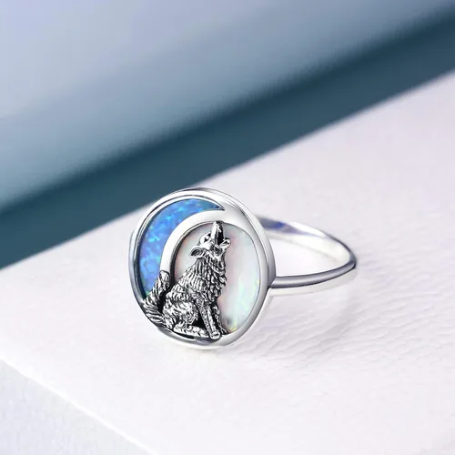 Miniatura 4 de POPKIMI Anillos de lobo de plata de ley de ópalo para mujer, joyería de lobo de ópalo, luna, lobo, regalos de lobo aullador, joyería para amantes