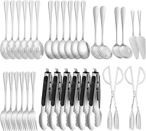 Miniatura 13 de Juego de 20 utensilios para servir, utensilios completos de acero inoxidable para bufé de catering para barbacoas de verano, parrillas, picnic