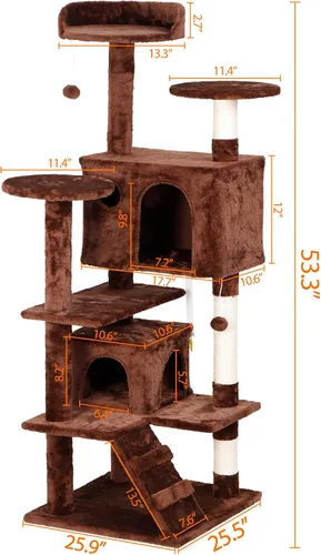 Miniatura 6 de ZENY - Árbol para gatos 53‘‘ , con postes de sisal y 2 habitaciones de peluche, muebles para gatos Marrón