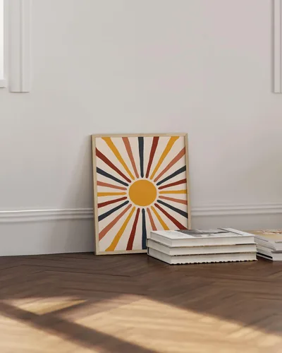 Miniatura 4 de HAUS AND HUES Póster moderno de mediados de siglo, impresión artística de sol, imagen bohemia para pared, rayos arcoíris amarillos centrados